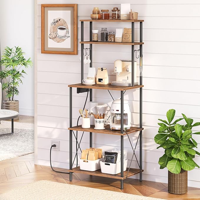 HOOBRO Kitchen Bakers Rack with Power Outlets, 5-Tier Microwave Stand, Coffee Bar with S-Shaped Hooks, Kitchen Storage Shelf Rack for Living Room, Dining Room, Rustic Brown and Black BF80UHB01