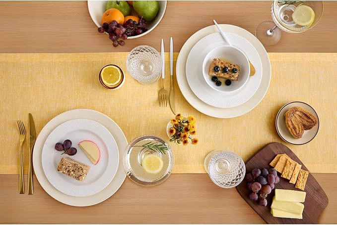 Solino Home Linen Small Table Runner 36 Inches - Athena, 100% Pure Linen Chambray Mustard Yellow Table Runner 14 x 36 Inch Ideal for Dresser and Coffee Tables - Summer