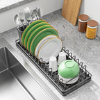 Small Sink Dish Drying Rack with Drainboard and Utensil Holder, Rustproof Compact Dish Drainer Plate Organizer for Kitchen Countertop & Over The Sink, Black