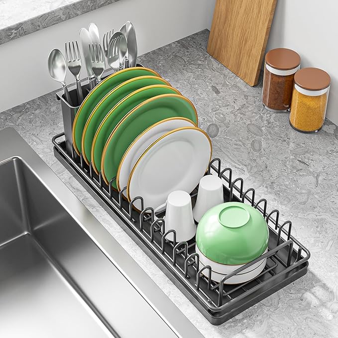 Small Sink Dish Drying Rack with Drainboard and Utensil Holder, Rustproof Compact Dish Drainer Plate Organizer for Kitchen Countertop & Over The Sink, Black