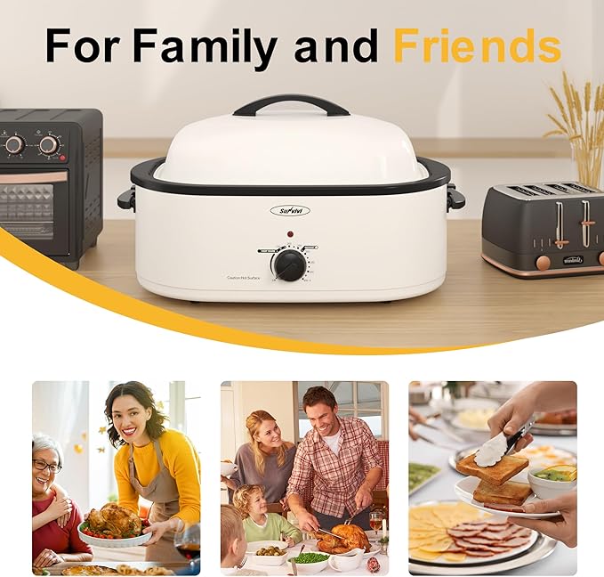 Sunvivi Roaster Oven, Electric Roaster Oven with Self-Basting Lid, 24lb 20-Quart Turkey Roaster with Unique Defrost/Warm Function, Large Roaster with Removable Pan & Rack, Stainless Steel, White