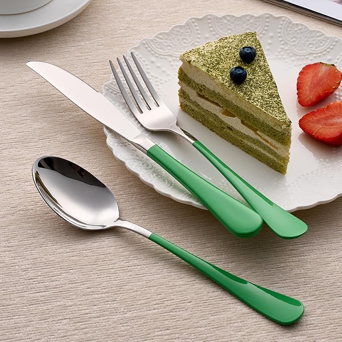 20-Piece Green Silverware Set 18/0 Stainless Steel Silverware Set Green Handle Cutlery Set Service for 4 Dinner Knives Forks Spoons Set Flatware Set Finish Dishwasher Safe…