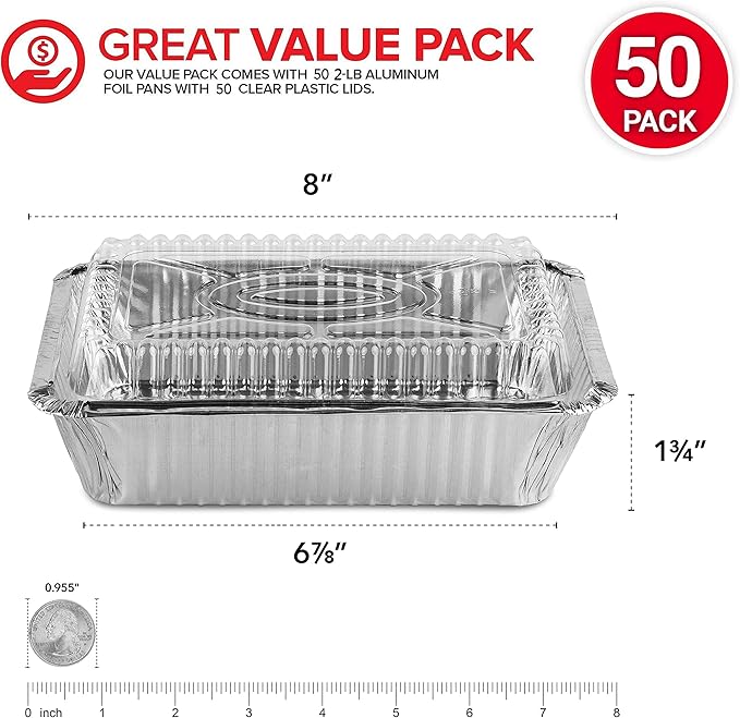Stock Your Home 2 Lb Small Aluminum Pans with Lids (50 Pack) Foil Pans + Clear Plastic Lids, Disposable Cookware, Takeout Trays with Lids - To Go Disposable Food Containers for Restaurants & Catering