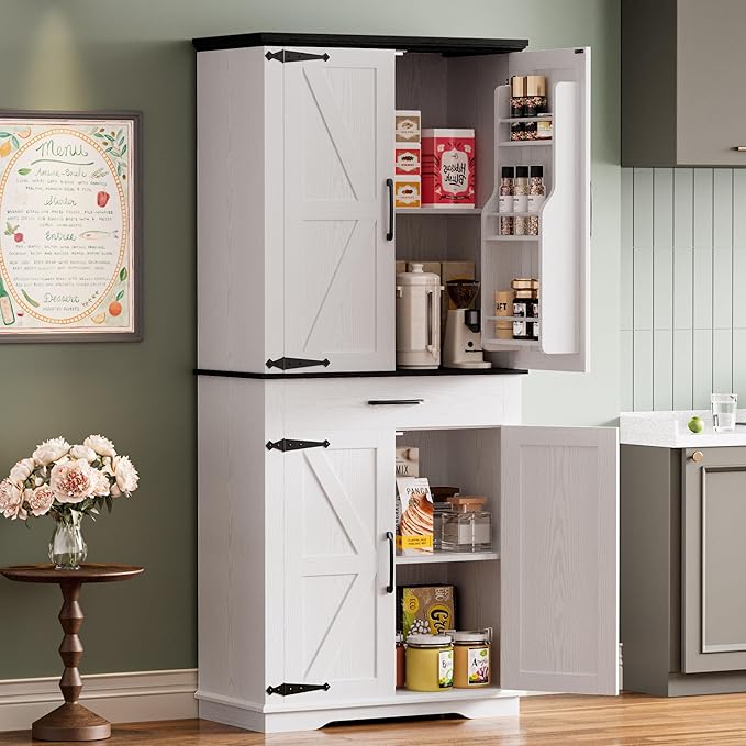 IRONCK Farmhouse Kitchen Pantry Cabinet, Tall Storage Cabinet with 6 Hanging Shelves and Adjustable Shelves, Freestanding Cupboard with Barn Doors for Kitchen, Dining Room，White/Black