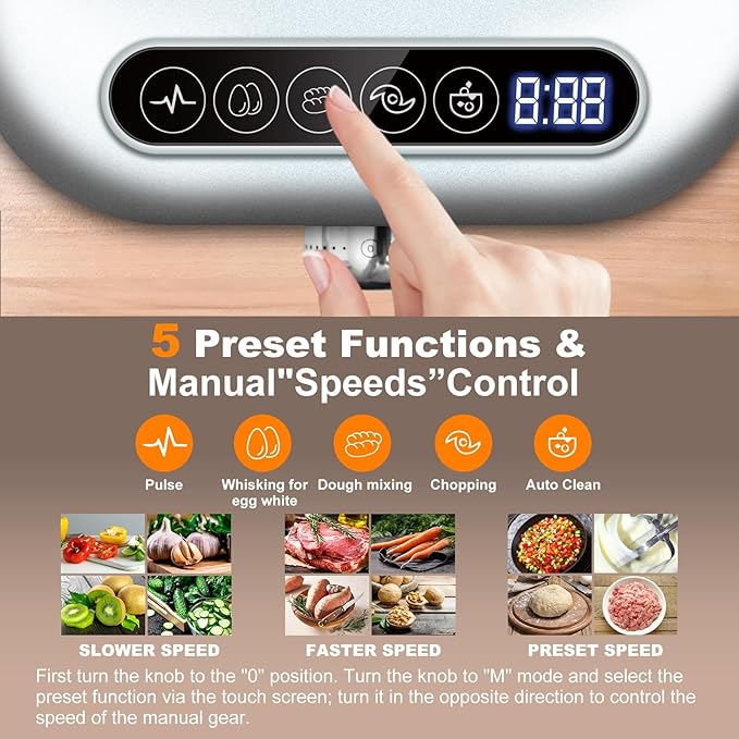 Homtone 16 Cup Food Processor, Aluminum-Diecast Food Processors with Whisk, 5 Preset Modes Vegetable Chopper Electric, 8 Blades 11 Functions for Home Use, Stepless Speed Control, 650W, Sliver