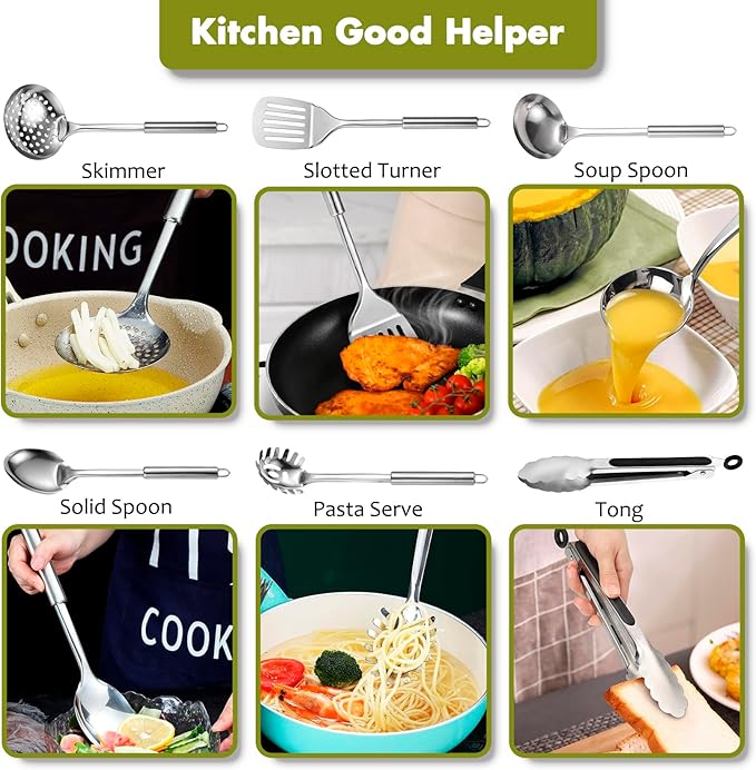 Stainless Steel Kitchen Utensils Set - 12pcs Cooking Utensils Set with Holder, Heat Resistant Kitchen Tool Set for Cooking with Turners, Potato Masher, Spatula, Spoons, Tongs, Whisk