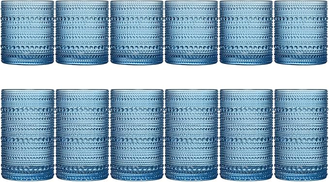 Hobnail Beaded Highball Drinking Tumbler Glasses | Set of 12 | Color, Vintage Bubble Design Whiskey Glassware, Old-Fashioned, Embossed Design for Water, Wine, Cocktail Embossed Heavy Glas, Rocks Glass