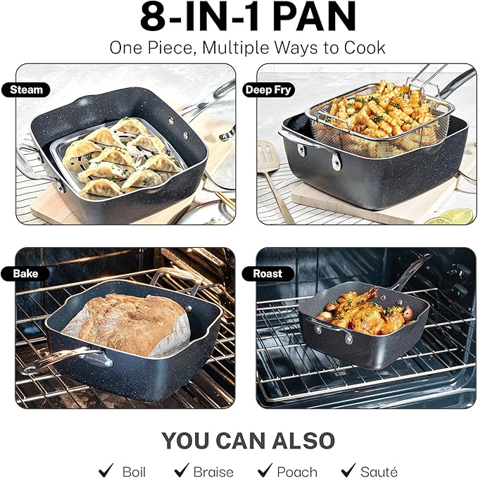 Granitestone True 20 Pc Pots and Pans Set Non Stick Cookware Set with Deep Square Pan and Bakeware Set, Non Toxic PFOA PFOS Free, Oven & Dishwasher Safe, No Cheater Pieces