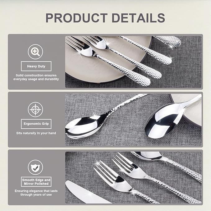 Hammered Silverware Set, 30-Piece Flatware Cutlery Set Service for 6, Modern Heavy Duty Design, 18/10 Stainless Steel Utensils, Dishwasher Safe