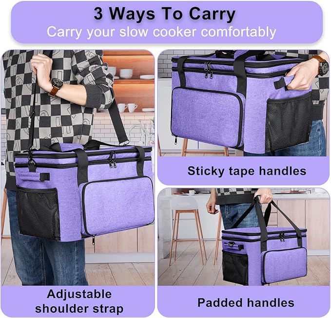 Slow Cooker Carrying Bag, Double Layer Insulated Design Slow Cooker Carrier with Removable Hard Liner and Pot Lid Fastener Fit for 6-8 Quart Crock Pot, Purple
