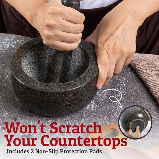 Priority Chef Heavy Duty Mortar and Pestle Set, 1.5 Cup, 100% Granite, Non Slip Base, Make Fresh Guacamole, Salsa, Pesto, Stone Grinder Bowl, Herb Crusher, Spice Grinder, 5.5 Inch - Black