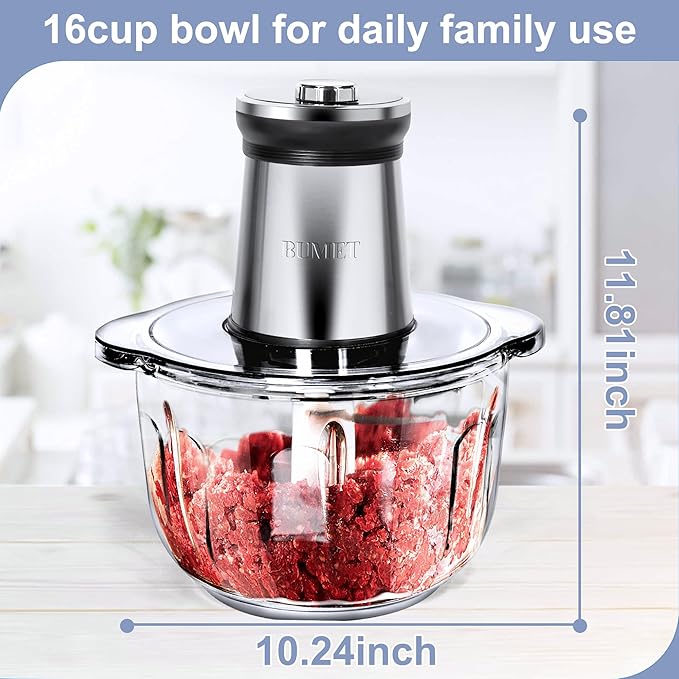 Electric Meat Grinder 850W Food Chopper Food processor with LED timer one 16cup thick glass bowl, 2 sets three-layers 6 blades cutter