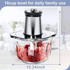 Electric Meat Grinder 850W Food Chopper Food processor with LED timer one 16cup thick glass bowl, 2 sets three-layers 6 blades cutter