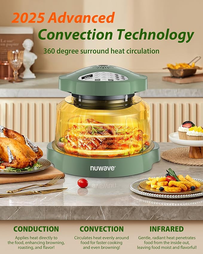 Nuwave Oven Pro Plus Air Fryer, Infra-Red Countertop, 2025 Advanced Convection, No Defrosting or Preheating, Cook Fresh or Frozen, Durable Power Dome, 100 Presets & 50 Memory, PFAS Free, Wild Olive