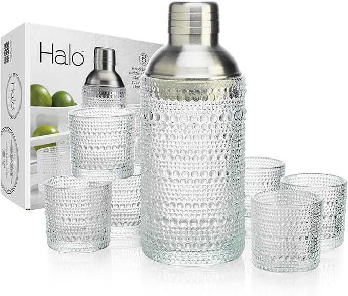 Glaver's Cocktail Shaker Set, Glass 15.2 oz Shaker, 6 Hobnail Shot Glasses, Stainless Steel Strainer Cap,Glass Shaker Set for Bars. Dishwasher Safe