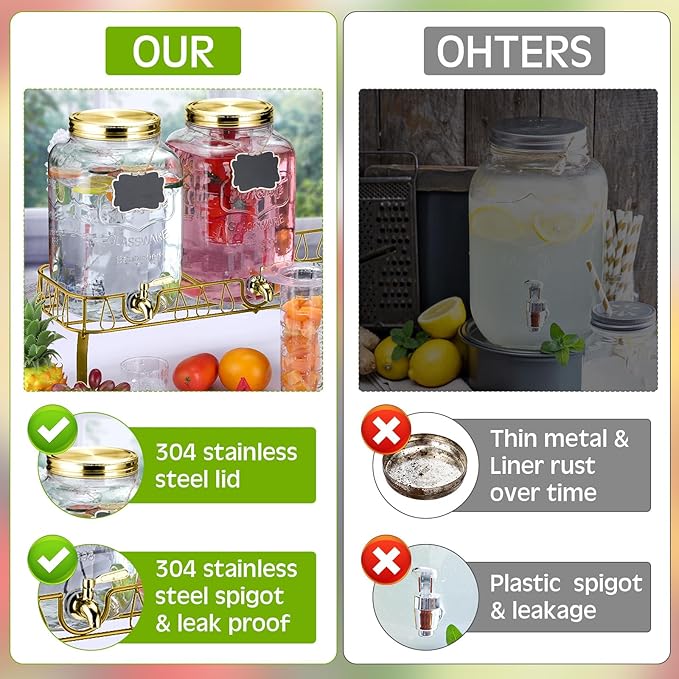 Lallisa 3 Pcs 2.5 Gallon Beverage Dispensers for Parties Glass Drink Water Dispenser with Stand Stainless Steel Leakproof Spigot Ice Cylinder Hanging Chalkboard Signs Pen(Gold)