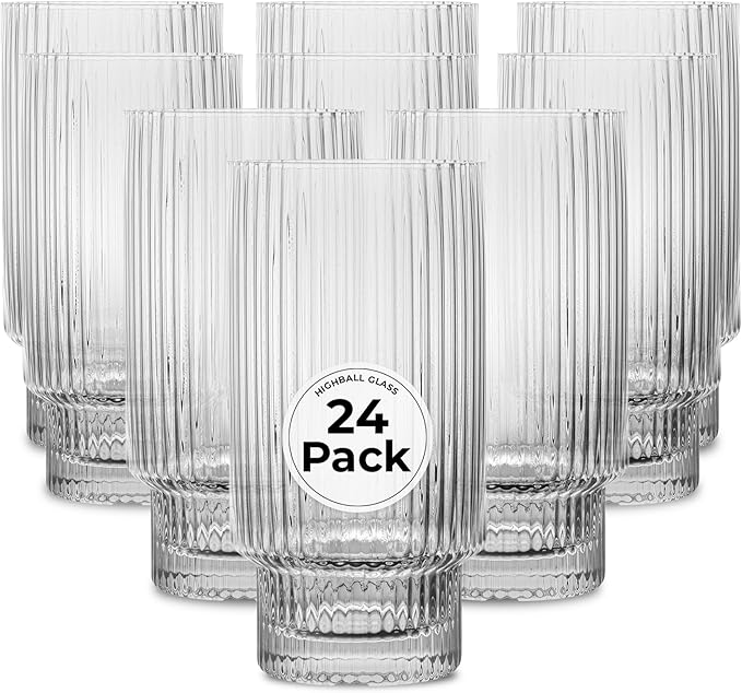 Restaurantware-Vetri 10 Ounce Highball Glasses, 24 Ribbed Drinking Glasses - No-Lead, Dishwashable, Clear Glass Tumblers For Scotch, For Drinking Liquor, Cocktail, Bourbon, Cognac, And More