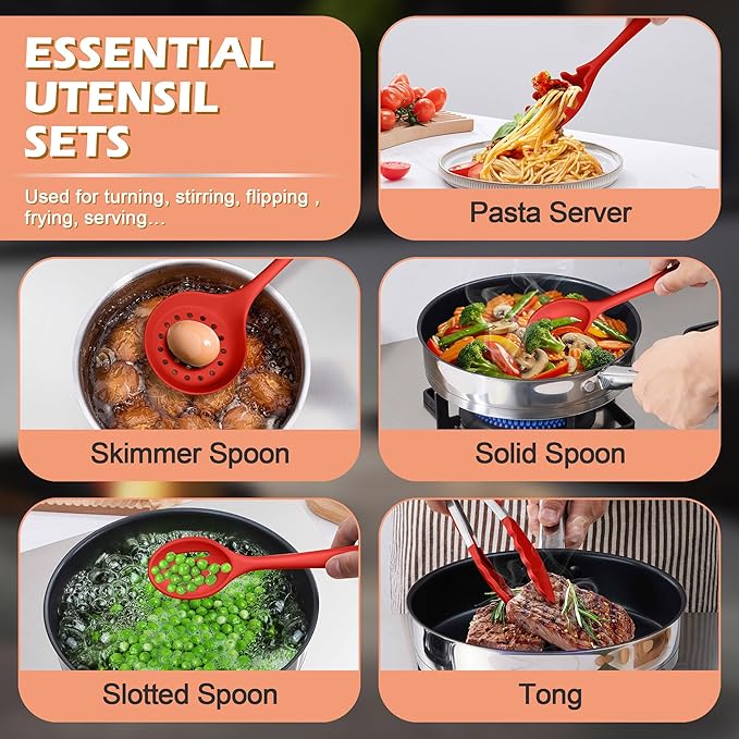 Kitchen Cooking Utensils Set with Holder, Homikit 15-Piece Silicone Spatula Set for Nonstick Cookware, 446°F Heat Resistant Spoon Turner Tong Whisk Brush for Cooking and Baking-Red