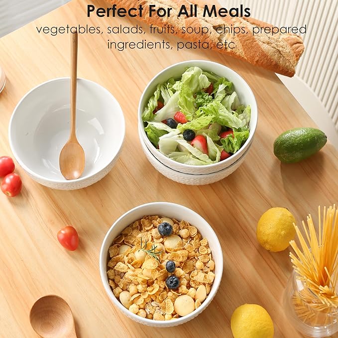 24 OZ Large Soup Bowls Set of 4, Farmhouse Embossment Ceramic Cereal Bowls for Salad, Serving, Fruit, Snack, Noodle, Ramen, Pho, Microwave & Dishwasher Safe, 6 Inch White