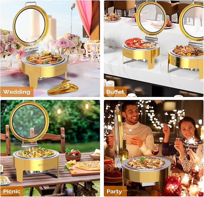 ROVSUN 6QT Gold Chafing Dishes for Buffet 3 Pack, Roll Top Chafing Dish Buffet Set, Round Chafers and Buffet Warmers Sets with Glass Lid & Serving Tong for Parties Weddings Catering Events Dinners
