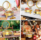 ROVSUN 6QT Gold Chafing Dishes for Buffet 3 Pack, Roll Top Chafing Dish Buffet Set, Round Chafers and Buffet Warmers Sets with Glass Lid & Serving Tong for Parties Weddings Catering Events Dinners
