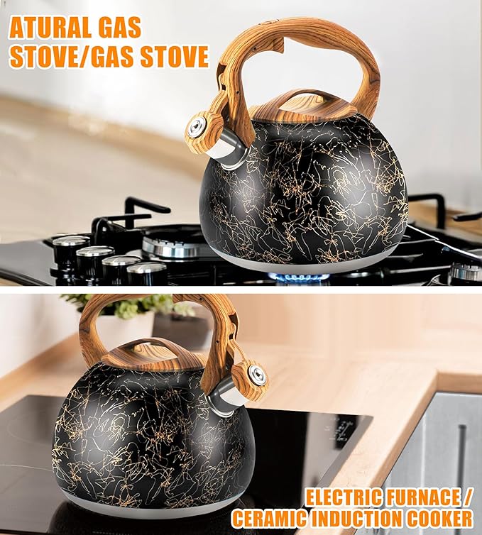 3.2Qt Whistling Tea Kettle for Stove Top, Food Grade Stainless Steel Wood Handle Teapot, Durable for Brewing Coffee, Tea, Milk, Suitable for All Heat Sources (Golden line)