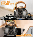 3.2Qt Whistling Tea Kettle for Stove Top, Food Grade Stainless Steel Wood Handle Teapot, Durable for Brewing Coffee, Tea, Milk, Suitable for All Heat Sources (Golden line)