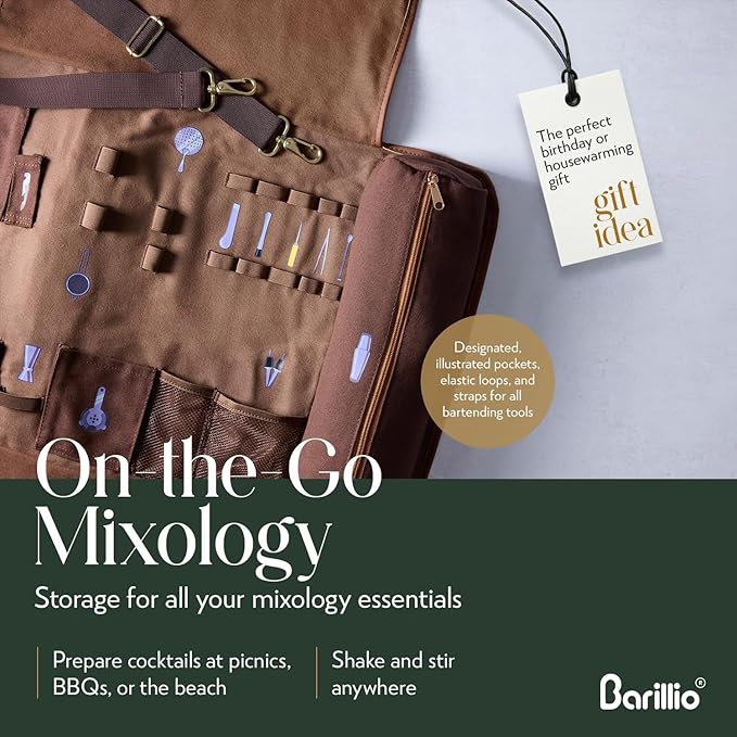 Barillio Bartender Kit Bag with Gold Cocktail Shaker Set - Waxed Canvas, Traveling Bar Tools Bag with 17-Pc Cocktail Kit - Travel Mixology Bartending Kits - Mobile Bar Roll with Strap & Accessories