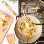 bloomhouse 10 Inch Heavy Duty Aluminum Premium PFA Free Ceramic Nonstick Saute/Deep Frying Pan Skillet with Lid - Almond Cream w/Gold Handle