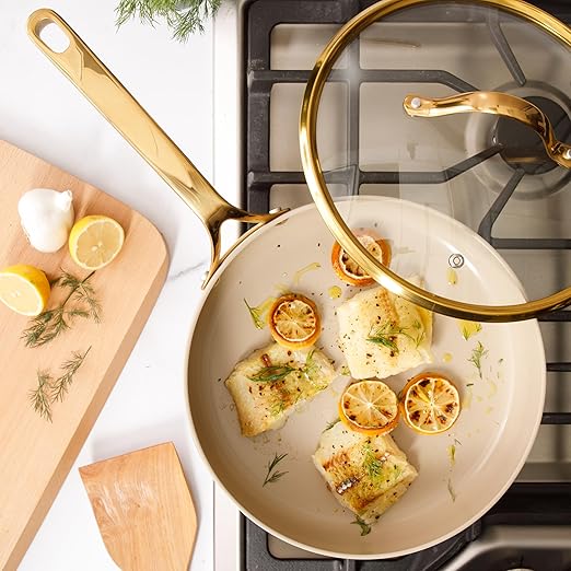 bloomhouse 10 Inch Heavy Duty Aluminum Premium PFA Free Ceramic Nonstick Saute/Deep Frying Pan Skillet with Lid - Almond Cream w/Gold Handle