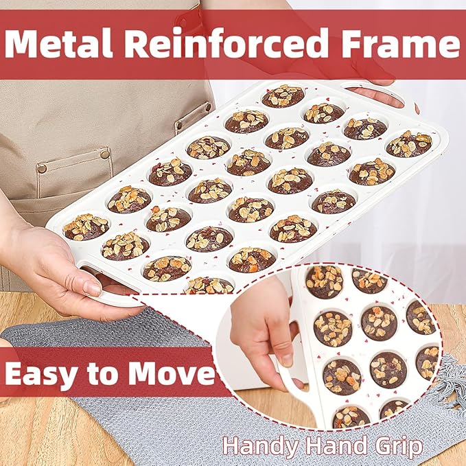 Mini Muffin Pan, Metal Reinforced Frame Mini Cupcake Pans 24 Cups Nonstick Muffin Silicone Molds with Handle for Baking Muffins, Cupcakes, Egg Bites 2 Pack Heart-Shaped