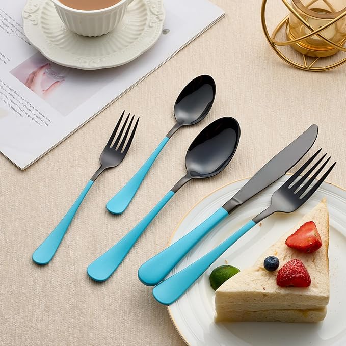20-Piece Black and Lake Blue Silverware Set 18/0 Stainless Steel Silverware Set Lake Blue Handle Cutlery Set Service for 4 Dinner Knives Forks Spoons Set Flatware Set Finish Dishwasher Safe