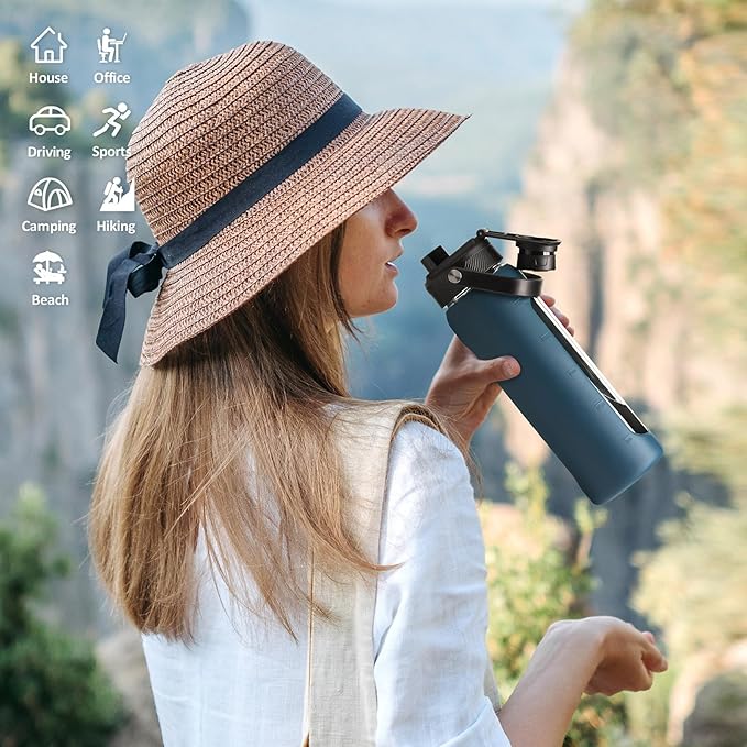 Kodrine Water Bottle with Straw, 24 oz Glass water Bottle with 2 Lids Bamboo Straw Lid and Spout Lid with Handle, 32 oz Clear Water Bottle Glass for Sports Travel, Waterbottle with Time Marker