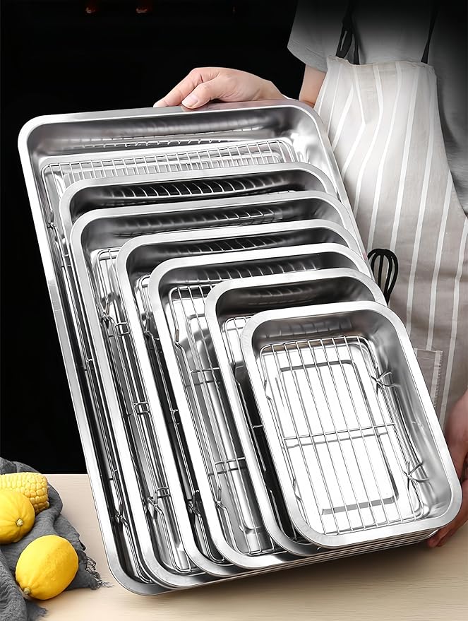 Roasting Pan Heavy Duty Stainless steel Turkey Pans for Oven,Toaster Oven Tray Pans with cooling rack,Hotel Pan, Barbeque Grill Pan,Deep Edge,Mirror treatment, Dishwasher Safe (14"x10.4"x2.8")