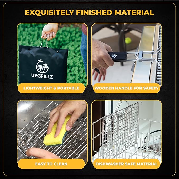 Fish Grill Baskets for Outdoor Grill Vegetables, Fish Grilling rack for Grill, BBQ Grilling Basket, Stainless steel Grill Basket for Veggies, shrimp Includes 50 skewers, Silicon Brush, and Carry Bag