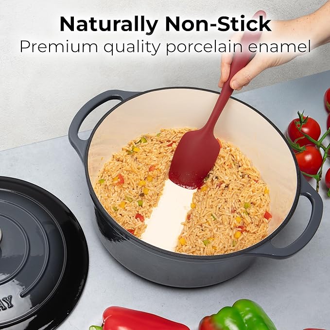 Zulay Kitchen 7.7 Quart Enameled Cast Iron Dutch Oven with Lid, Silicone Trivet & Heat Pad – Premium Durability & Oven Safe up to 500°F – Heavy Duty Cookware Perfect for Bread Baking, Stews, Braising & Roasting – Gray