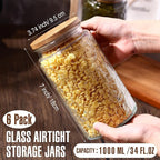 Domensi 6 Pack 34 oz Vintage Glass Jars with Lid Airtight Cute Cookie Jars Food Storage Containers for Decorative Desk Kitchen Office Pantry Candy Sugar Coffee Bean Tea Flour Oats