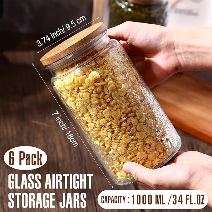 Domensi 6 Pack 34 oz Vintage Glass Jars with Lid Airtight Cute Cookie Jars Food Storage Containers for Decorative Desk Kitchen Office Pantry Candy Sugar Coffee Bean Tea Flour Oats