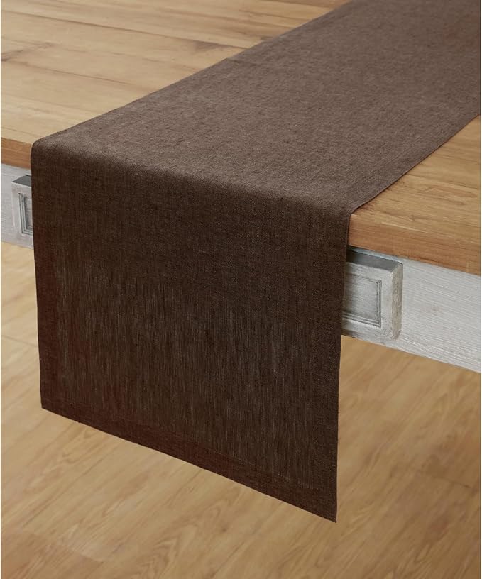 Solino Home Linen Chambray Brown Table Runner 108 Inches Long - Athena, 100% Pure Linen Dining Table Runner 14 x 108 Inch for Fall, Autumn - Handcrafted and Machine Washable