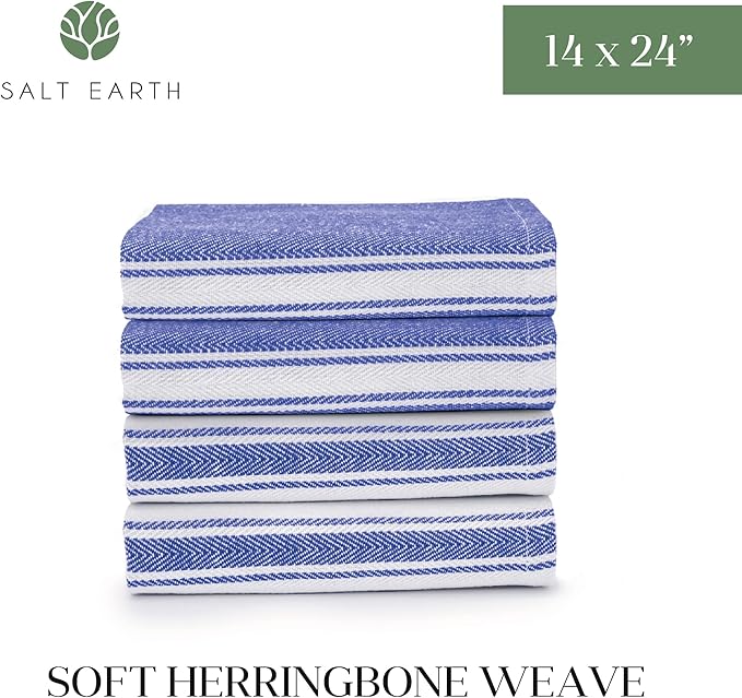 Salt Earth Kitchen Towels Cotton Dish Towel Size 24x14 Inches Set of 4 100% Ring Spun Cotton Absorbent Quick Dry Herringbone Weave Lint Free Washable Dishcloth Hanging Loop Color White & Blue Stripe