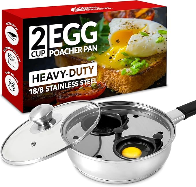 Nonstick Egg Poacher Pan, 2 Poached Egg Cups, Easy Poached Egg Cooker Stainless Steel, Perfect Eggs Benedict Maker, Egg Poaching Pan, PFOA-Free Silicone Spatula - Modern Innovations