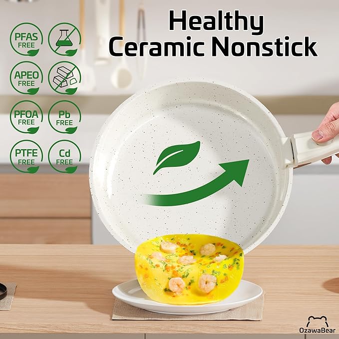 23 Pcs Pots and Pans Set Non Stick, Ceramic Cookware Set Non Toxic with Detachable Handles, Healthy Induction Cookware Oven Safe RV Kitchen Set, PFAS PFOA & PTFE Free, Cream White