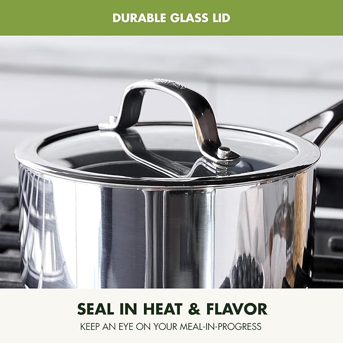 GreenPan Valencia Pro Tri-Ply Stainless Steel 1.5QT Saucepan with Lid, Ceramic Nonstick PFAS-Free, Multi Clad Cookware, Induction, Dishwasher Oven and Broiler Safe