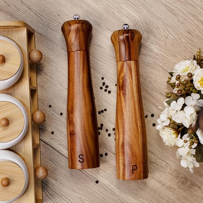 2 Pack 10 Inch Acacia Wooden Salt and Pepper Grinder Set, Manual Salt and Pepper Mills, Salt Grinder Refillable with Adjustable Coarseness, Ceramic/Stainless Steel Core Tableware Gifts