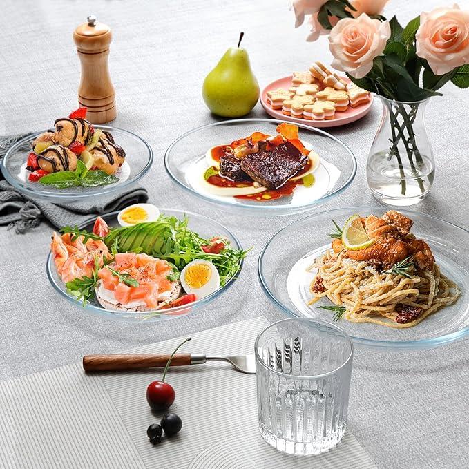 NUTRIUPS 6 Pack 8in Glass Plates - with Lipped Edge - Clear Glass Plate, Tempered Glass Plates Set of 6, Clear Appetizer Plate, Dishwasher & Microwave Safe