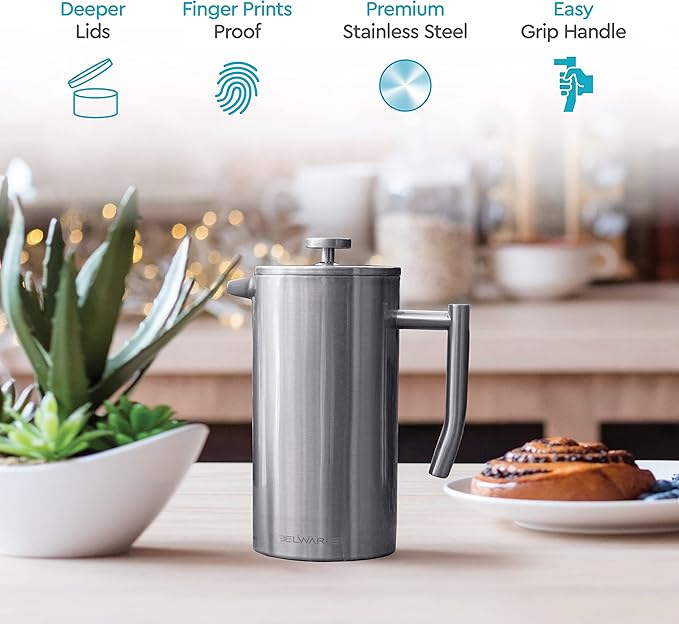 Belwares French Press Coffee Maker 34oz - 304 Stainless Steel Insulated Coffee Press, Double-Wall Heat Resistant Design with 4-Level Filtration System, Rust-Free & Dishwasher Safe (1.5 Liter), Silver