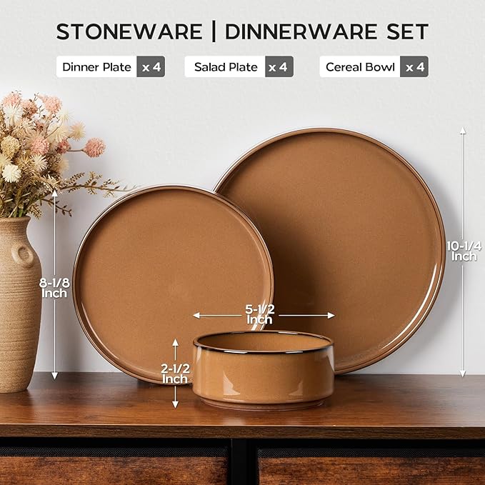 Stoneware Dinnerware Sets for 4, Onader Plates and Bowls with Unglazed Terracotta Bottom, Elegant Kitchen Ceramic Dish Dishware Set, Reactive Glaze 12 Piece - Earthy Umber