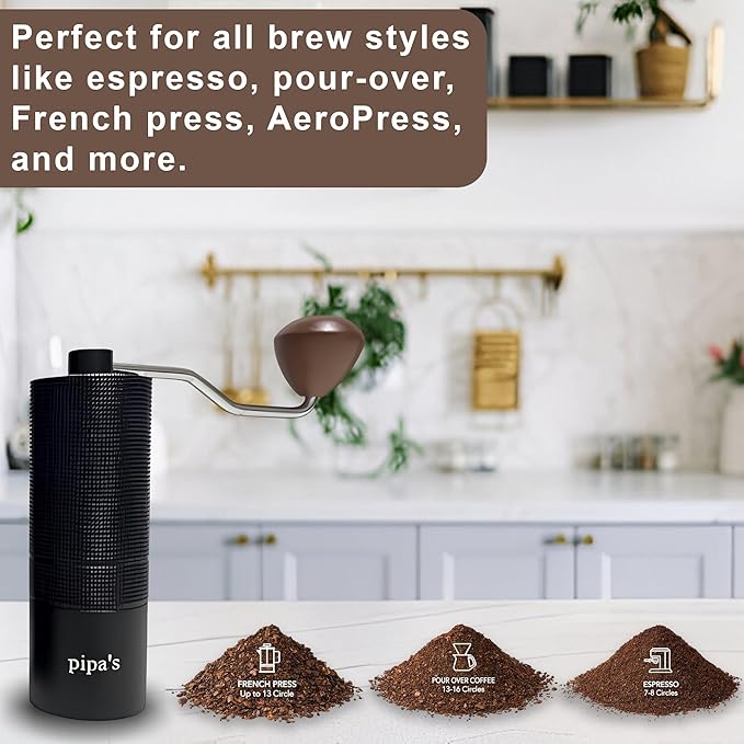 pipa’s Manual Coffee Bean Grinder with Brush (35g) | Stainless Steel Burr Mill, Adjustable Coffee Grinder for Espresso, Pour Over, French Press & Cold Brew | Coffee Hand Grinder for Home & Outdoor