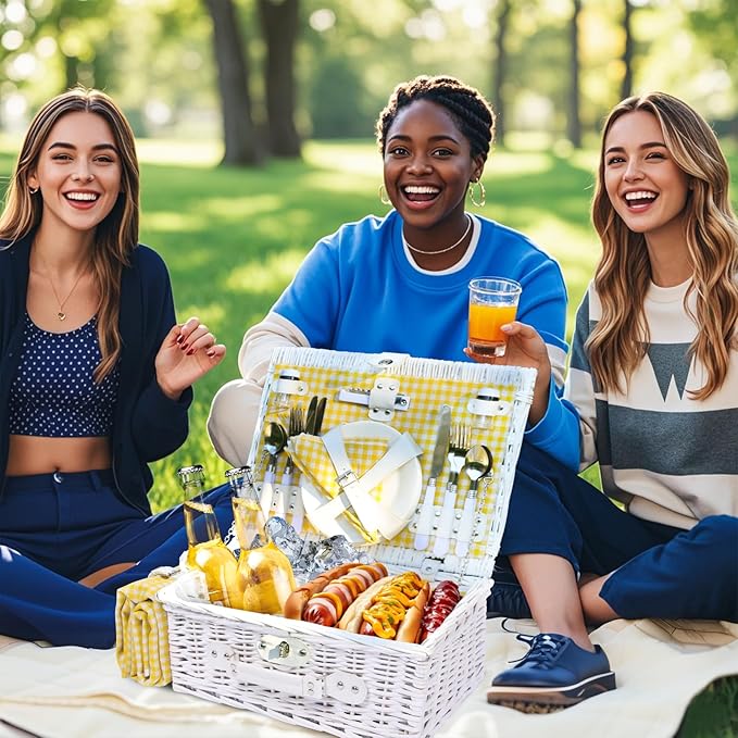 Picnic Basket Set for 4 with Waterproof Blanket Mat Insulation Bag Wicker White Yellow Light Fresh Gifts for Wedding Birthday Summer Camp Outdoor Camping Beach Travel Christmas Thanksgiving