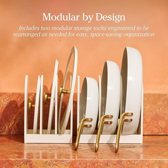 Our Place 8-Piece Essentials Complete Cookware Set - Ceramic Fry Pan Trio & Modular Rack Storage | Nontoxic Thermakind™ Nonstick, Oven Safe up to 450°F & Compatible with All Cooktops | Cream